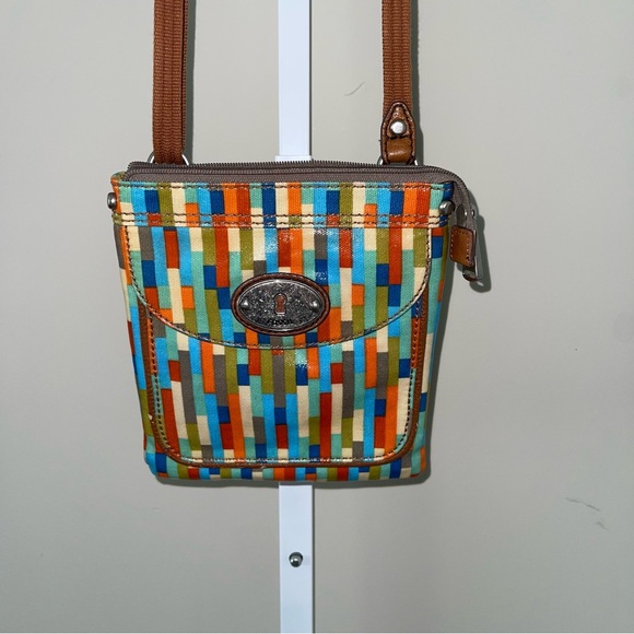 Fossil Handbags - Fossil Key-Per Multicolor Stripe Crossbody Bag Small Canvas Leather Trim